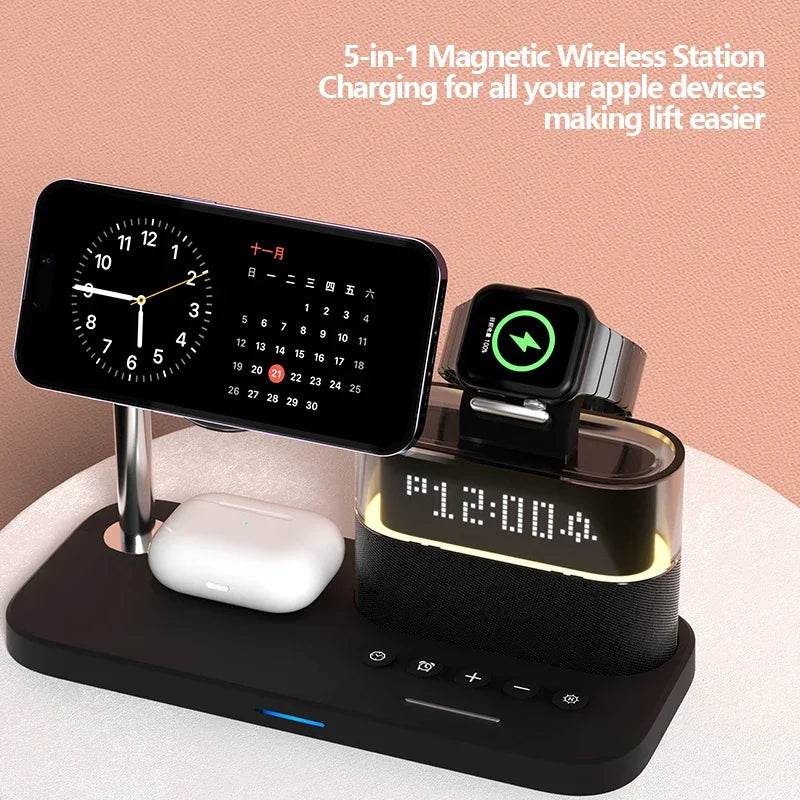 ZenCharge 5-In-1 Wireless Charger Stand Alarm Clock - Fast 15W Charging With Magnetic Alignment And RGB Night Light by Tech-Home Store