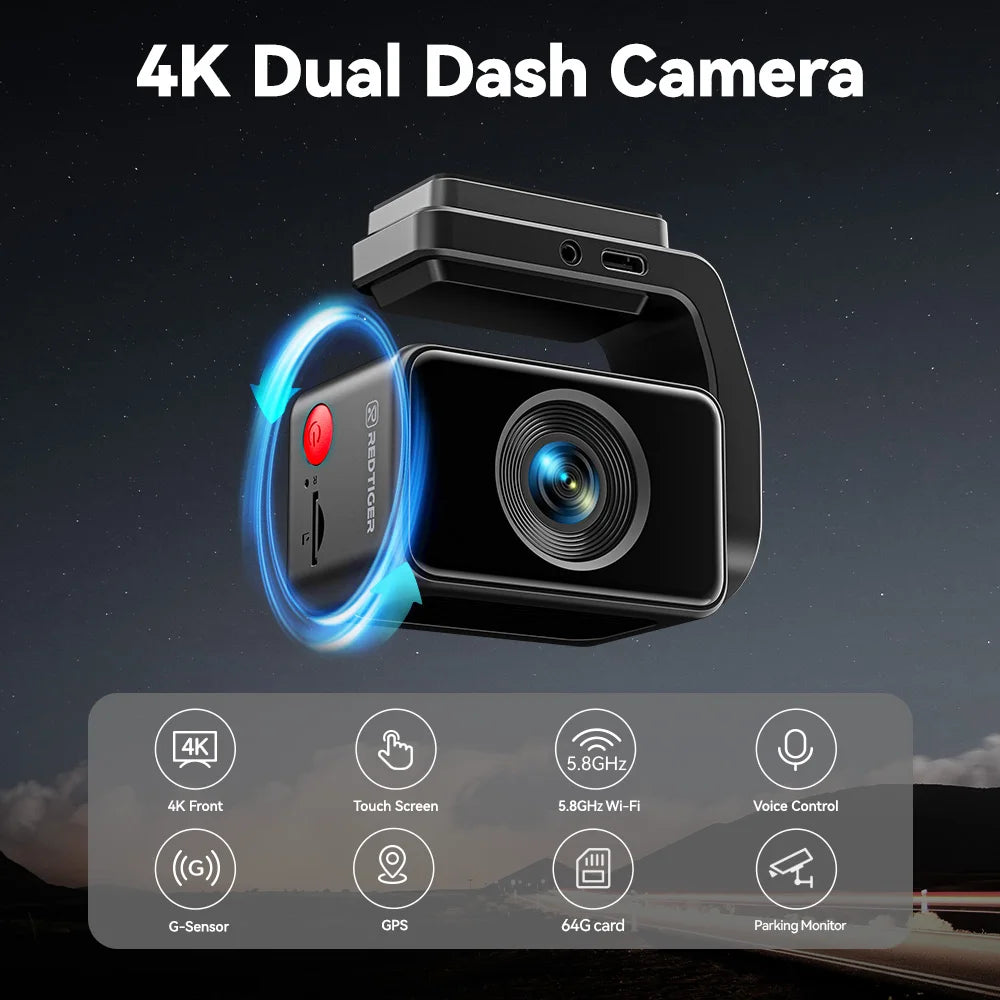 REDTIGER A4 4K Dash Cam Front And Rear Drive Recorder With GPS And 5G WiFi Touch Screen Night Vision - 24H Parking Mode by Tech-Home Store