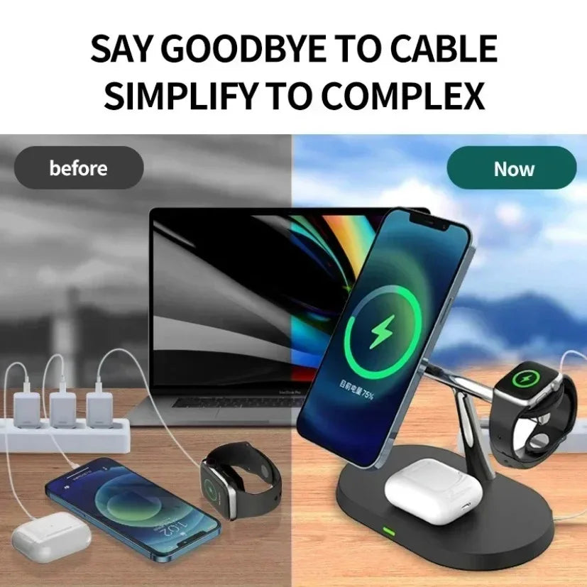 MagCharge Magnetic Wireless Charger Stand 3-In-1 For IPhone 12 Through 16 Pro Apple Watch And AirPods - 15W Fast Charging by Tech-Home Store