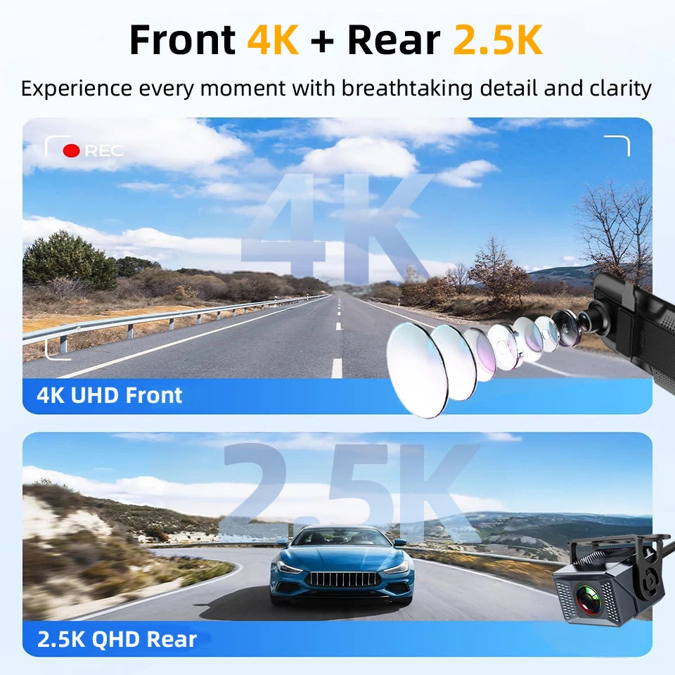 E-ACE 4K Dashcam 9.66'' Mirror Dash Car Camera 2.5K Rear Camera Support WIFI GPS ADAS Touch Screen Video Recorder Black Box by Tech-Home Store