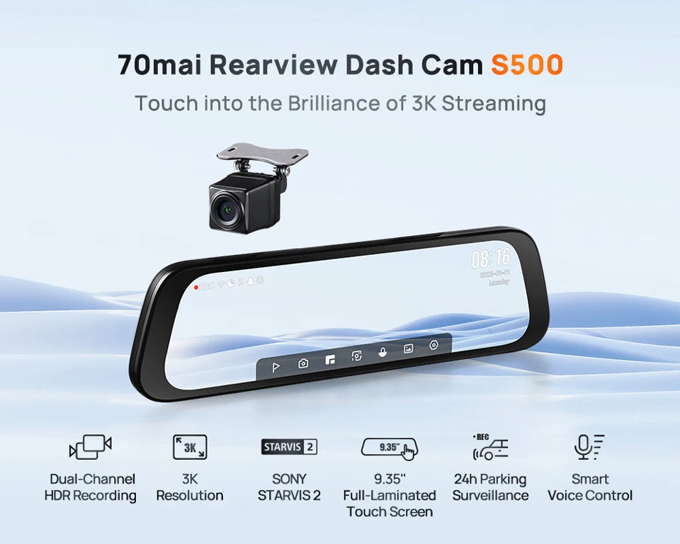 70mai Rearview Dash Cam S500 9.35'' Touch Screen 70mai S500 Car DVR 3K Super Capacitor Dual-Channel HDR Voice Control 24H Park by Tech-Home Store