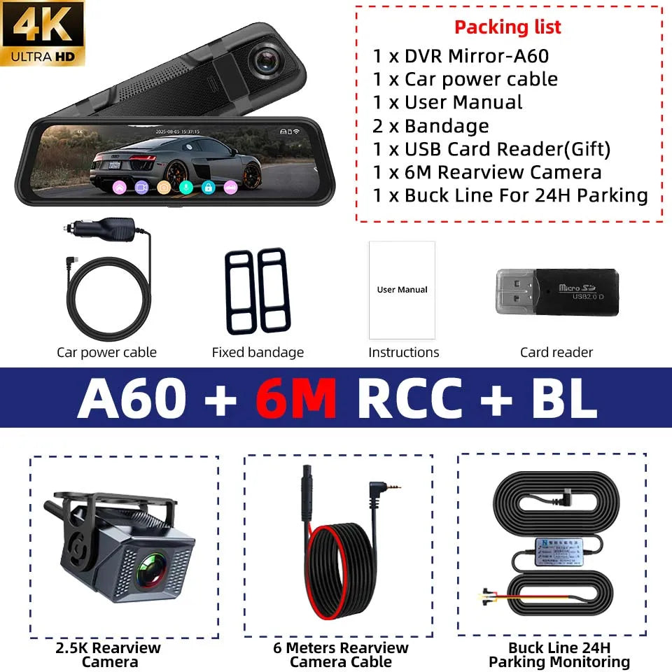 E-ACE 4K Dashcam 9.66'' Mirror Dash Car Camera 2.5K Rear Camera Support WIFI GPS ADAS Touch Screen Video Recorder Black Box by Tech-Home Store