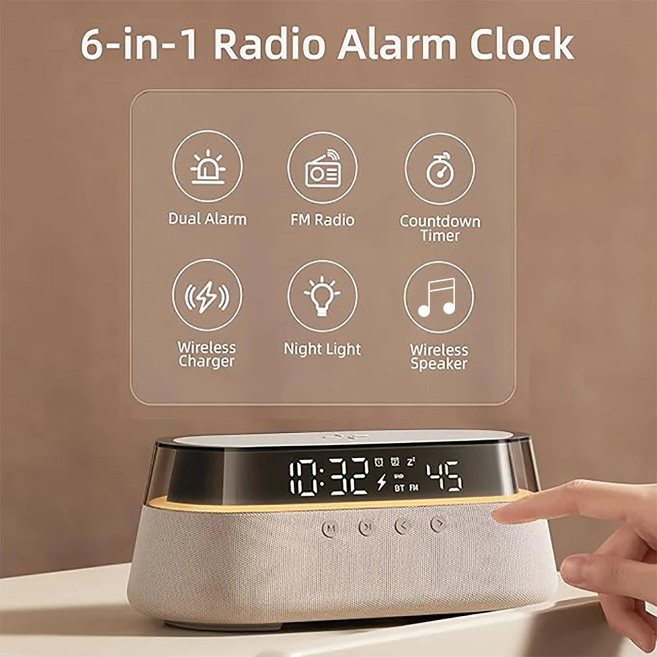 6-in-1 Smart Alarm Clock - 15W Wireless Charger, Bluetooth Speaker, FM Radio, Dual Alarm, USB Charger & RGB Night Light by Tech-Home Store