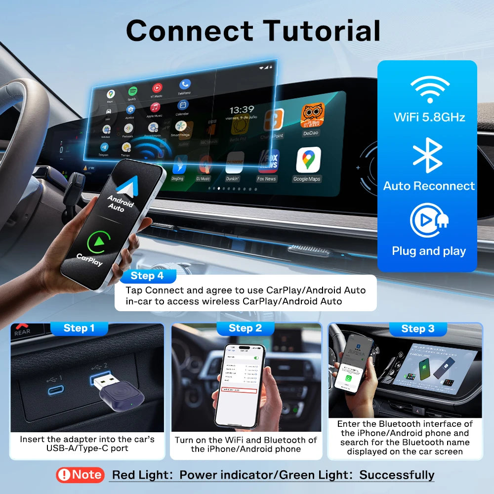2 in 1 Car Kit 5.0 Ultra Wireless CarPlay Android Auto Adapter