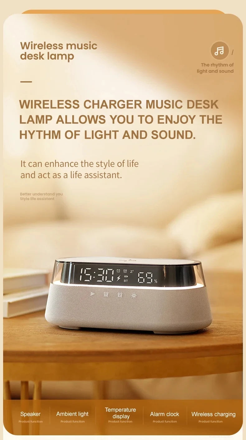6-in-1 Smart Alarm Clock - 15W Wireless Charger, Bluetooth Speaker, FM Radio, Dual Alarm, USB Charger & RGB Night Light by Tech-Home Store