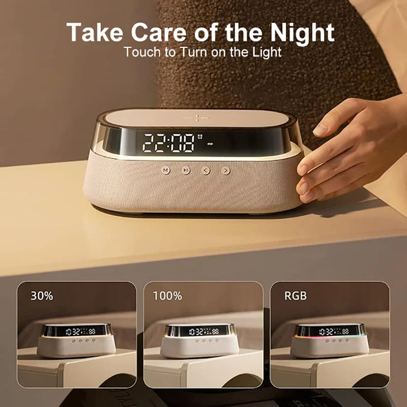 6-in-1 Smart Alarm Clock - 15W Wireless Charger, Bluetooth Speaker, FM Radio, Dual Alarm, USB Charger & RGB Night Light by Tech-Home Store