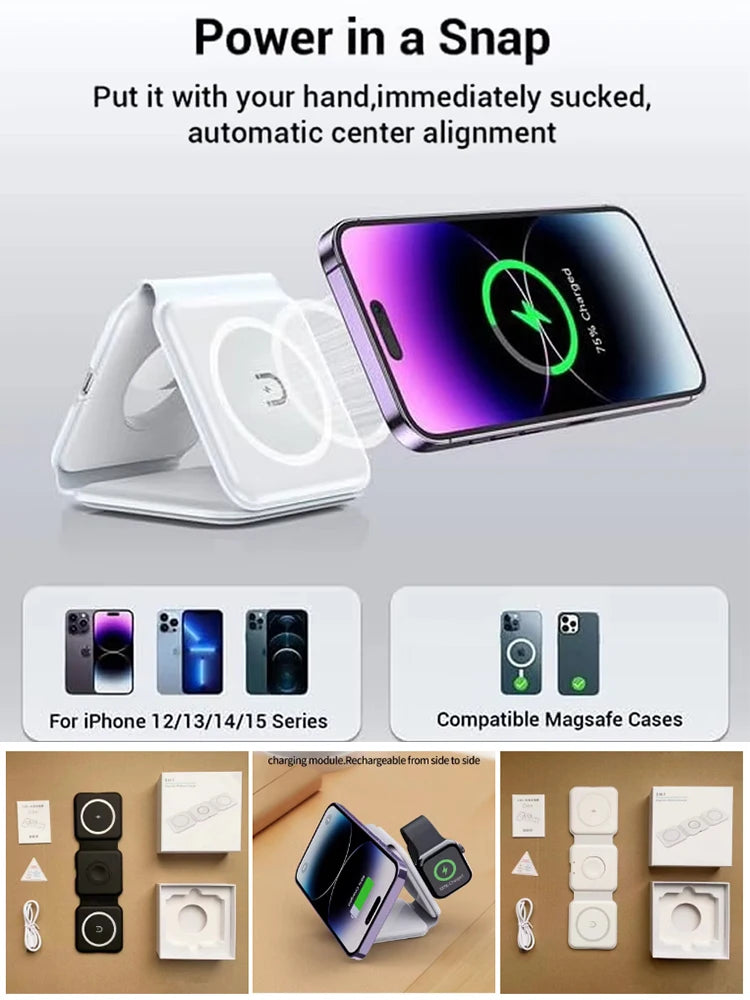 Qi2 SmartCharge 3 In 1 Wireless Charging Station Portable Foldable - Magnetic Alignment And 15W Fast Charging by Tech-Home Store