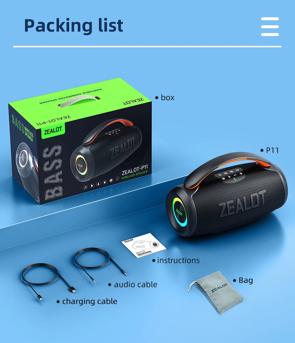 ZEALOT-P11 Bluetooth Speaker 50W Wireless Party Speaker with Bluetooth 5.4 Stereo Sound Comfortable handle Controllable Lightin Portable For Outdoors Long Battery Life by Tech-Home Store