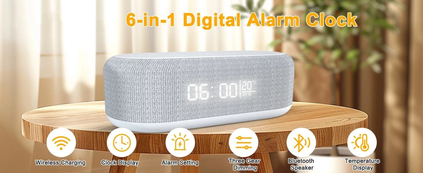 Multifunction 6 in 1 Bluetooth Smart Speakers With Wake Up Clock Colorful RGB Atmosphere Night Light Wireless Charge for IPhone by Tech-Home Store