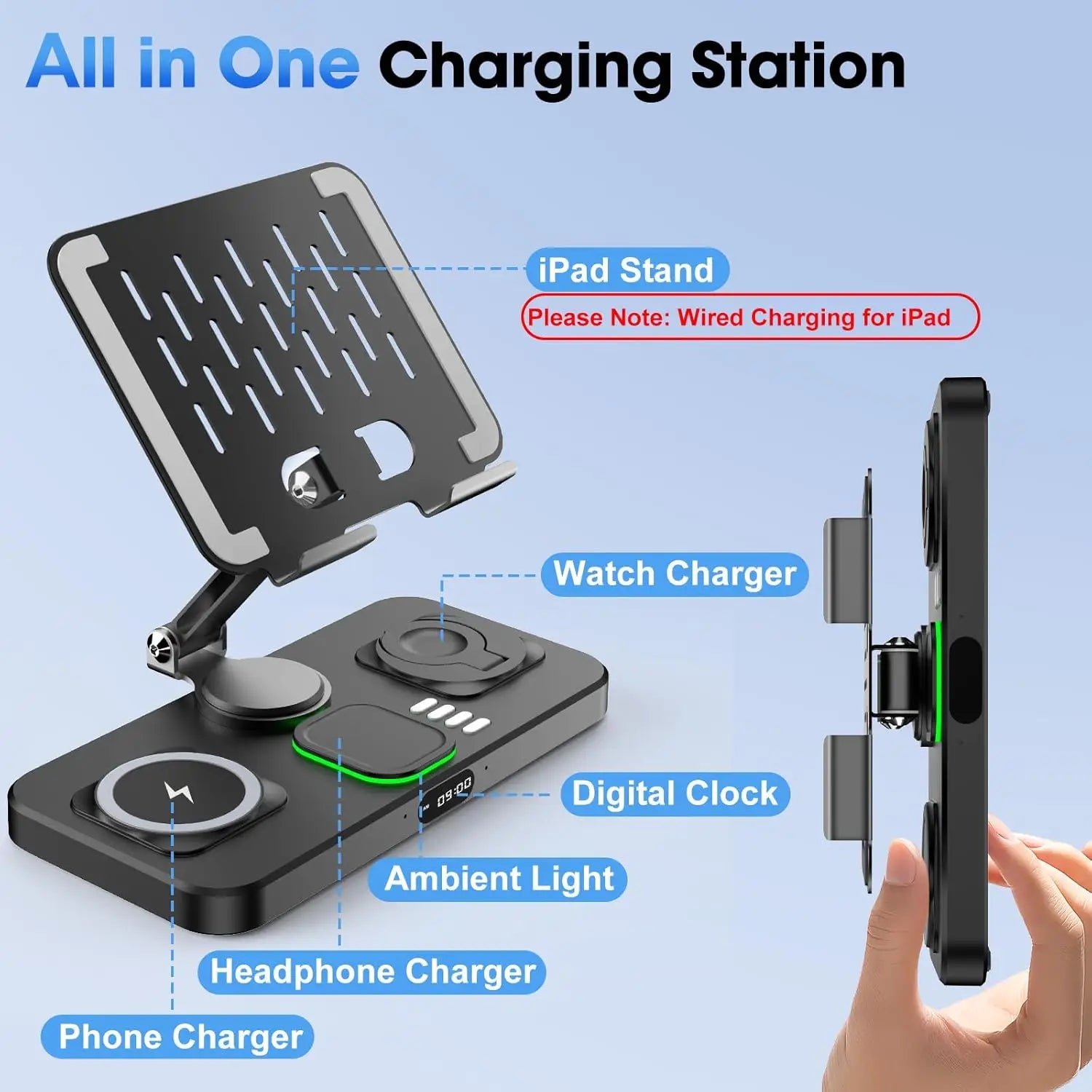 Wireless Charger with Clock & 7 Color Ambient Light