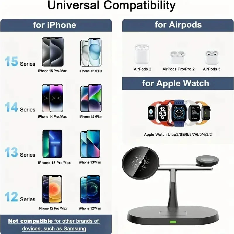 MagCharge Magnetic Wireless Charger Stand 3-In-1 For IPhone 12 Through 16 Pro Apple Watch And AirPods - 15W Fast Charging by Tech-Home Store