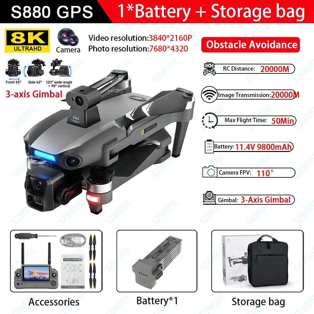 S880 Pro Max Professional GPS Drone - 8K Camera, 3 Axis Gimbal, 5G WiFi, Brushless by Tech-Home Store