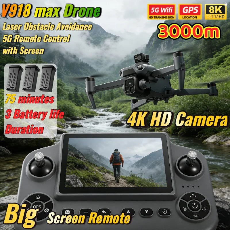 V918 Max Drone Laser Obstacle Avoidance 8K GPS Professional Camera FPV 3000M RC Quadcopter with LCD Screen Remote Control Gifts by Tech-Home Store