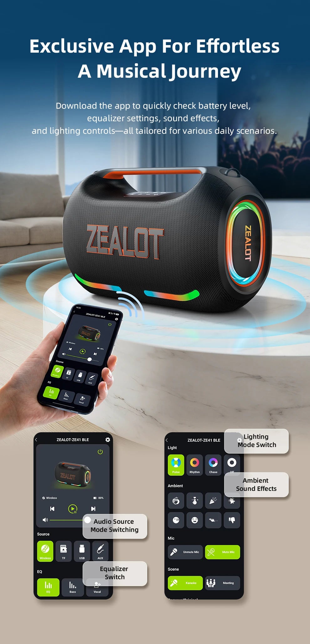 ZEALOT ZE41 Bluetooth Speaker, 300W RMS Peak 400W, High Volume Deep Bass, 48000mAh Battery, RGB Light, Waterproof by Tech-Home Store