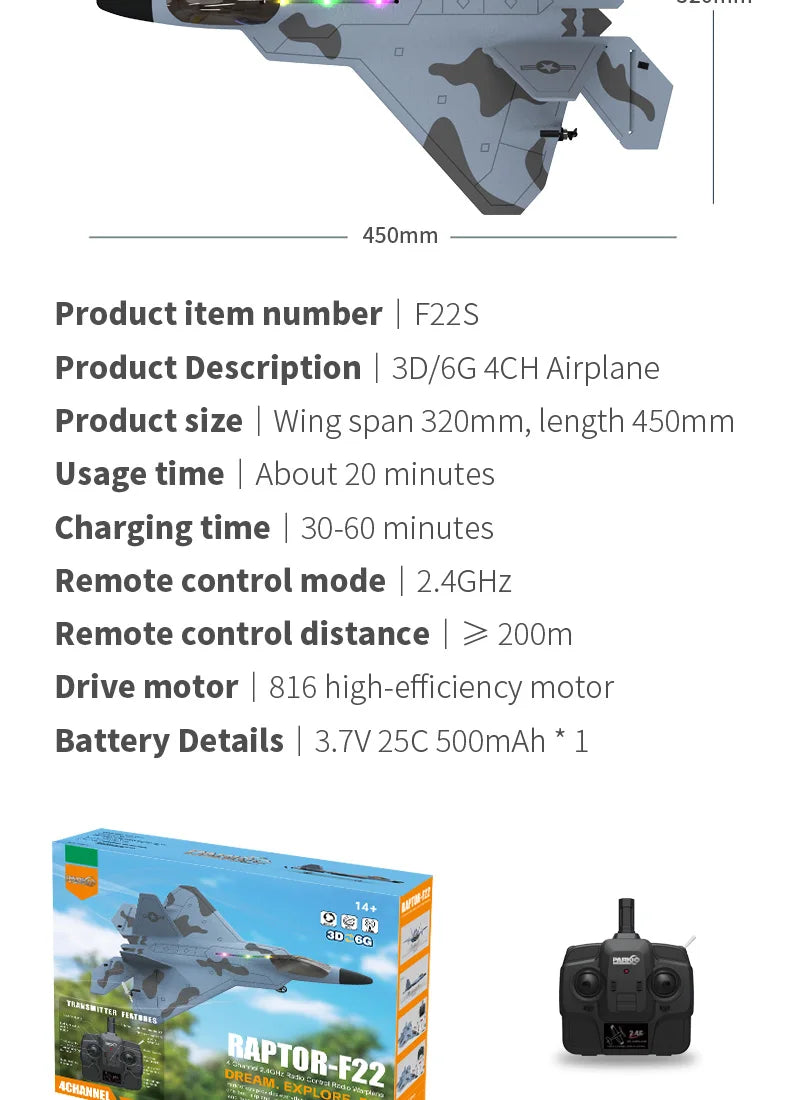 2024 New F22S 2.4G 4CH 3D6G RC Airplane Raptor F22 Warplane WLtoys A180 Upgrade Version LED Light With Gyroscope Out Door Toys by Tech-Home Store