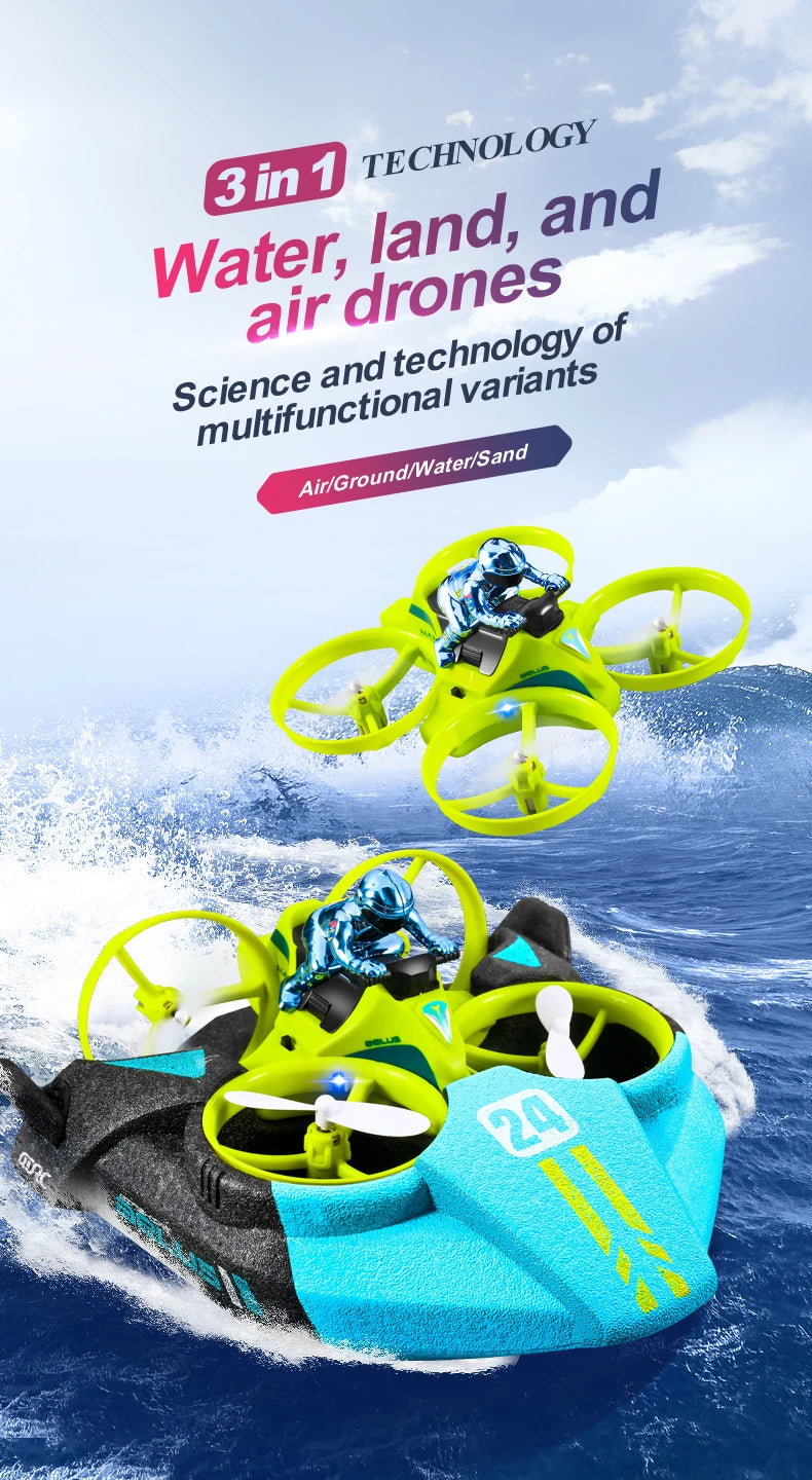 4DRC Mini RC Drone Altitude Hold Headless Mode 3 in 1 Sea Land Air Flight 2.4G Remote Control Quadcopter Boat RC Helicopter Toys by Tech-Home Store