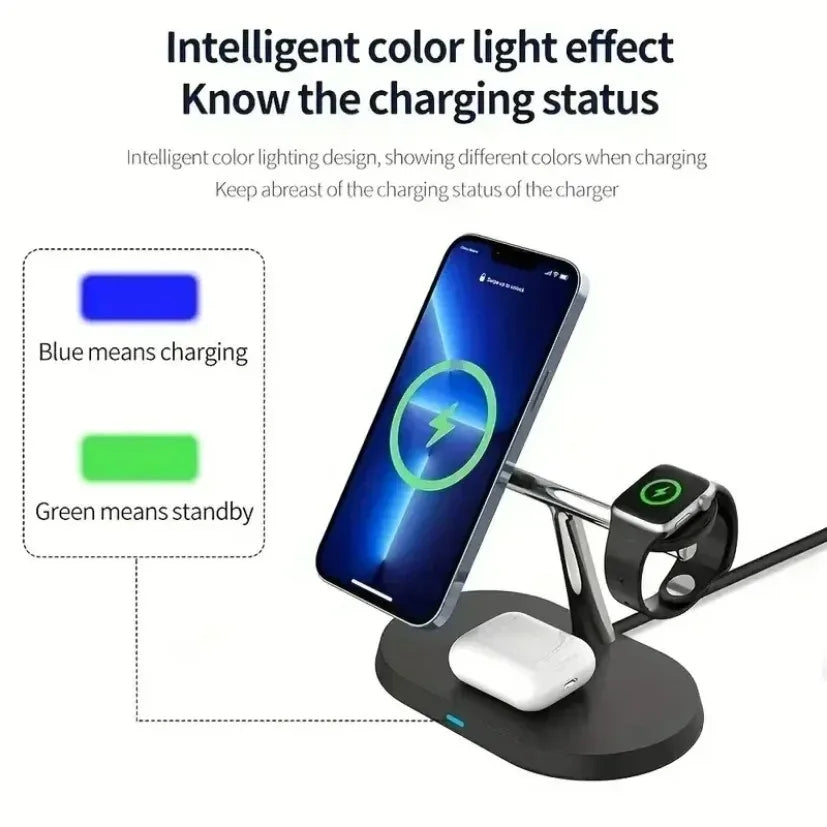 MagCharge Magnetic Wireless Charger Stand 3-In-1 For IPhone 12 Through 16 Pro Apple Watch And AirPods - 15W Fast Charging by Tech-Home Store
