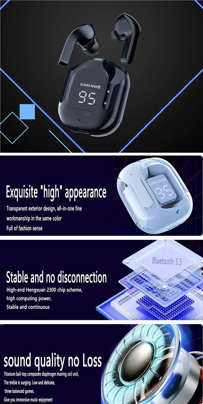 Original T2 Wireless Bluetooth Earphone Transparent HIFI Headphones by Tech-Home Store