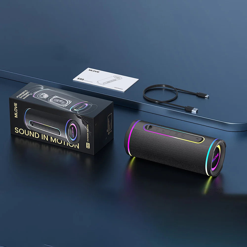 MLOVE E80 Portable Bluetooth Speaker – Powerful Dual Sound, Colorful RGB Lighting, Fully Waterproof (IPX7), TWS Enabled by Tech-Home Store
