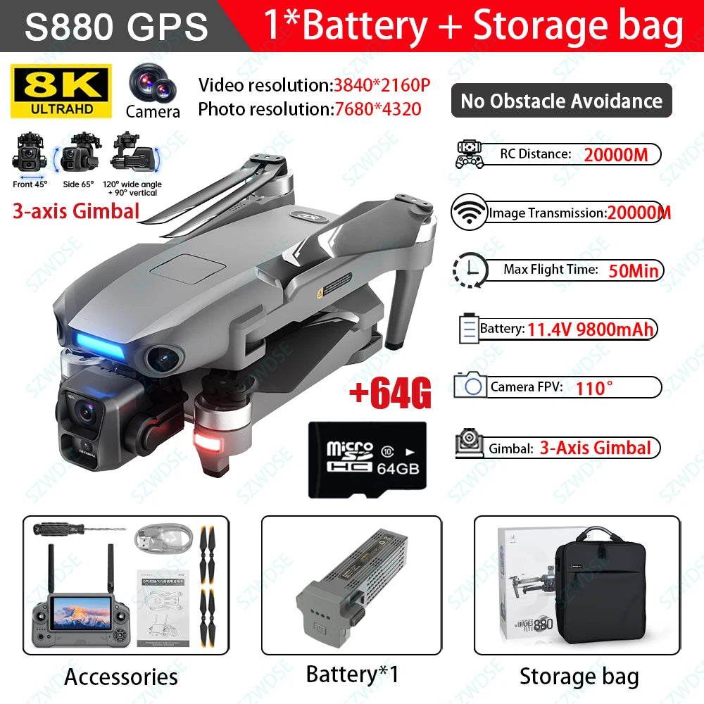 S880 Pro Max Professional GPS Drone - 8K Camera, 3 Axis Gimbal, 5G WiFi, Brushless by Tech-Home Store