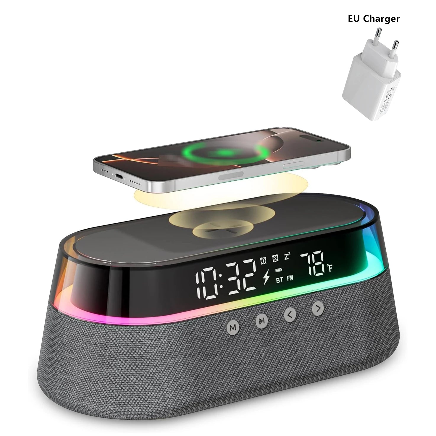 6-in-1 Smart Alarm Clock - 15W Wireless Charger, Bluetooth Speaker, FM Radio, Dual Alarm, USB Charger & RGB Night Light by Tech-Home Store
