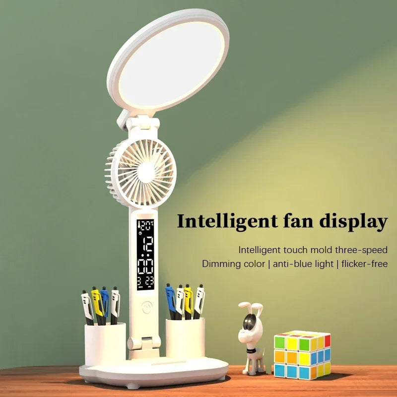 LED Clock Fan Table Lamp USB Chargeable Dimmable Desk Lamp Plug-in LED Light Foldable Eye Protection