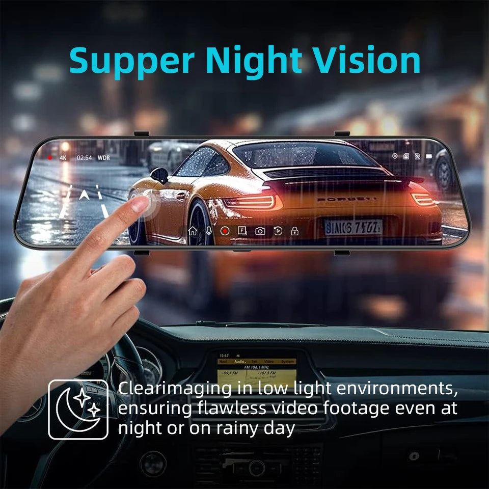 E-ACE 4K Dashcam 9.66'' Mirror Dash Car Camera 2.5K Rear Camera Support WIFI GPS ADAS Touch Screen Video Recorder Black Box by Tech-Home Store