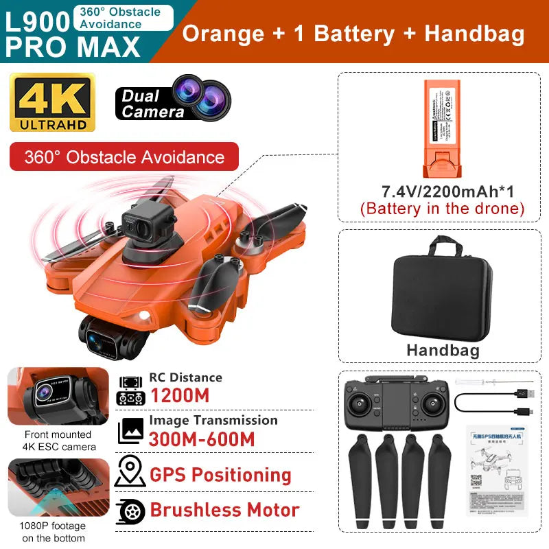 L900 PRO MAX 360 Degree Obstacle Avoidance GPS Drone - Dual 4K Cameras, 5G WiFi FPV, Foldable RC Quadcopter by Tech-Home Store
