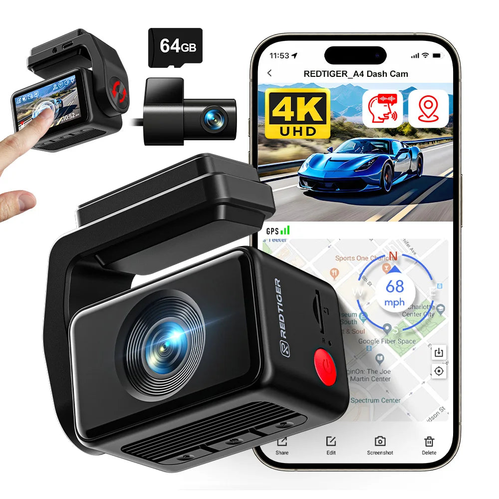 REDTIGER A4 4K Dash Cam Front And Rear Drive Recorder With GPS And 5G WiFi Touch Screen Night Vision - 24H Parking Mode by Tech-Home Store