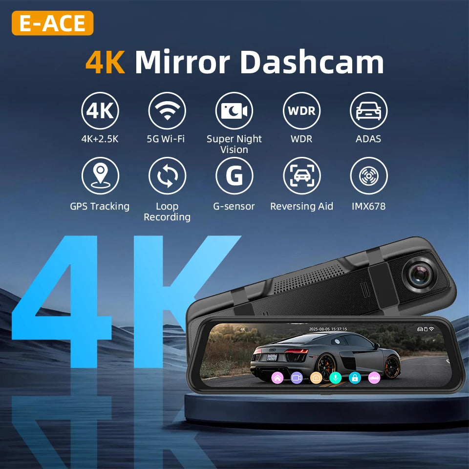 E-ACE 4K Dashcam 9.66'' Mirror Dash Car Camera 2.5K Rear Camera Support WIFI GPS ADAS Touch Screen Video Recorder Black Box by Tech-Home Store