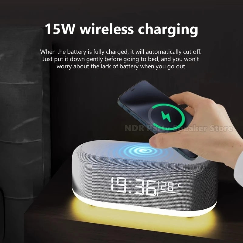 Multifunction 6 in 1 Bluetooth Smart Speakers With Wake Up Clock Colorful RGB Atmosphere Night Light Wireless Charge for IPhone by Tech-Home Store