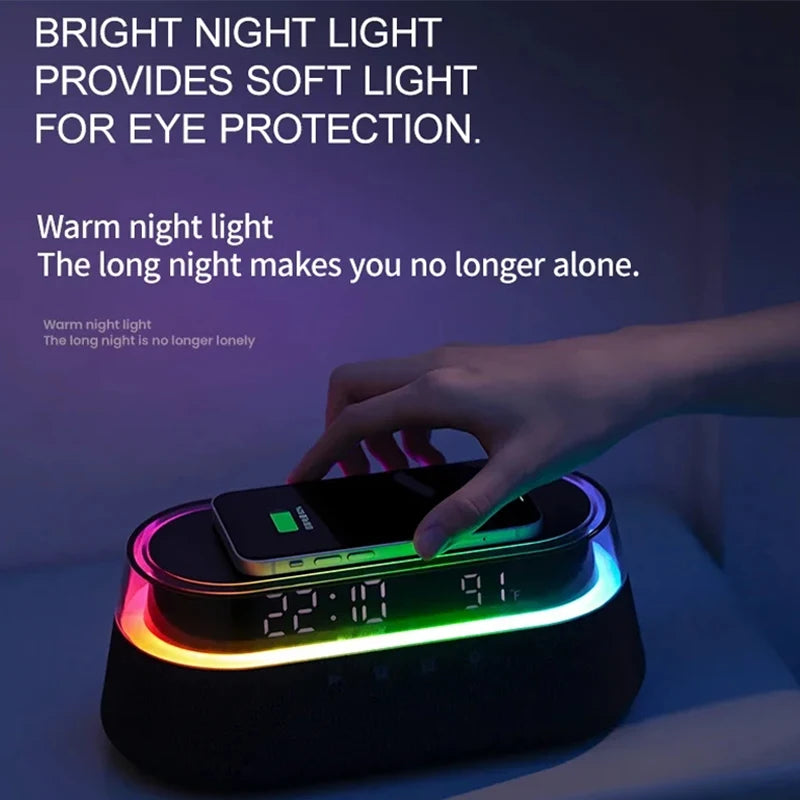 6-in-1 Smart Alarm Clock - 15W Wireless Charger, Bluetooth Speaker, FM Radio, Dual Alarm, USB Charger & RGB Night Light by Tech-Home Store