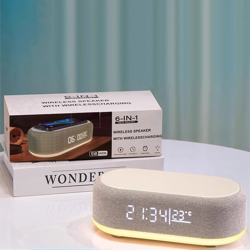 Multifunction 6 in 1 Bluetooth Smart Speakers With Wake Up Clock Colorful RGB Atmosphere Night Light Wireless Charge for IPhone by Tech-Home Store