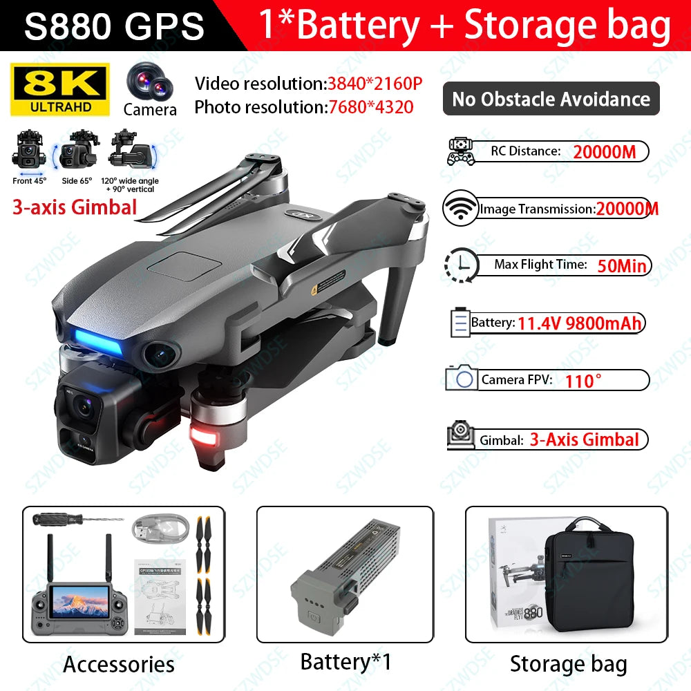 S880 Pro Max Professional GPS Drone - 8K Camera, 3 Axis Gimbal, 5G WiFi, Brushless by Tech-Home Store