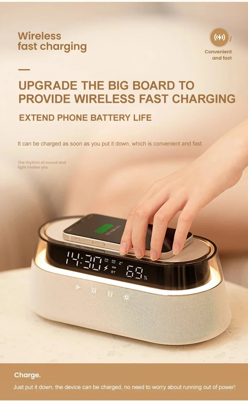 6-in-1 Smart Alarm Clock - 15W Wireless Charger, Bluetooth Speaker, FM Radio, Dual Alarm, USB Charger & RGB Night Light by Tech-Home Store
