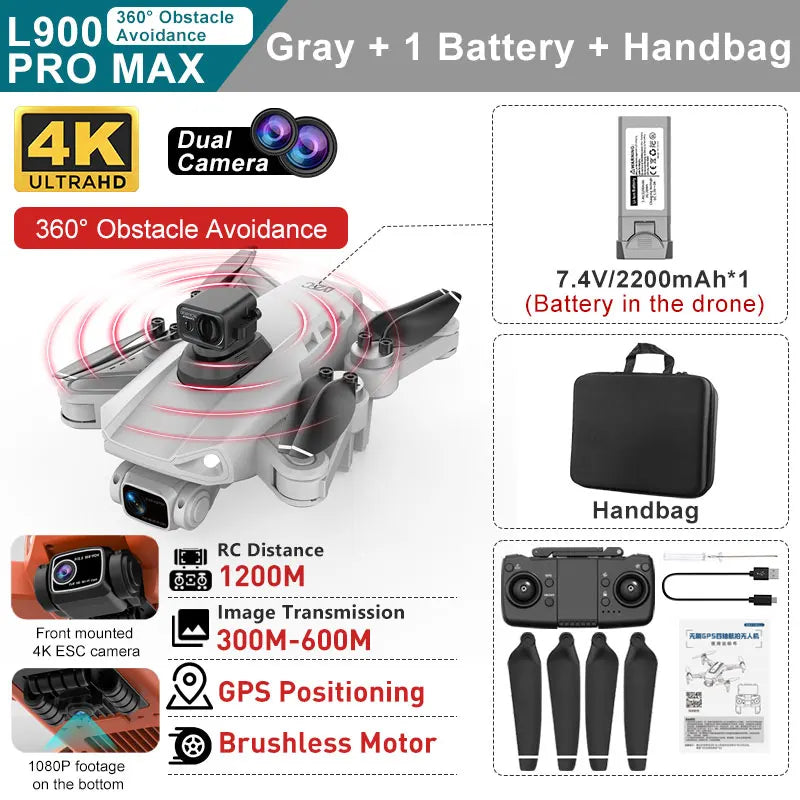 L900 PRO MAX 360 Degree Obstacle Avoidance GPS Drone - Dual 4K Cameras, 5G WiFi FPV, Foldable RC Quadcopter by Tech-Home Store