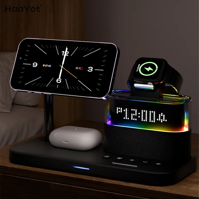 ZenCharge 5-In-1 Wireless Charger Stand Alarm Clock - Fast 15W Charging With Magnetic Alignment And RGB Night Light by Tech-Home Store