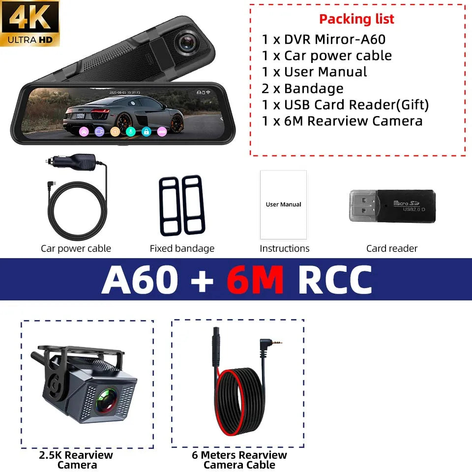 E-ACE 4K Dashcam 9.66'' Mirror Dash Car Camera 2.5K Rear Camera Support WIFI GPS ADAS Touch Screen Video Recorder Black Box by Tech-Home Store