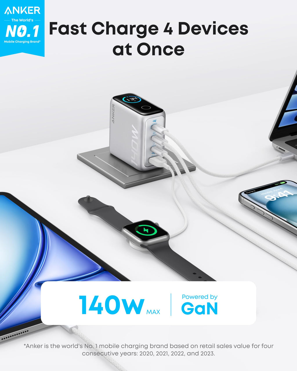 Anker 140W 4-Port PD 3.1 GaN Charger With USB C Cable - Fast Safe Multi Device Charging For Laptops Phones by Anker