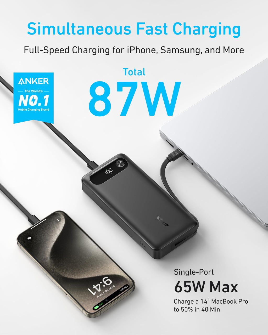 Anker Power Bank 20K - 87W PD With Built-In USB-C Cable For Fast On-The-Go Charging by Anker