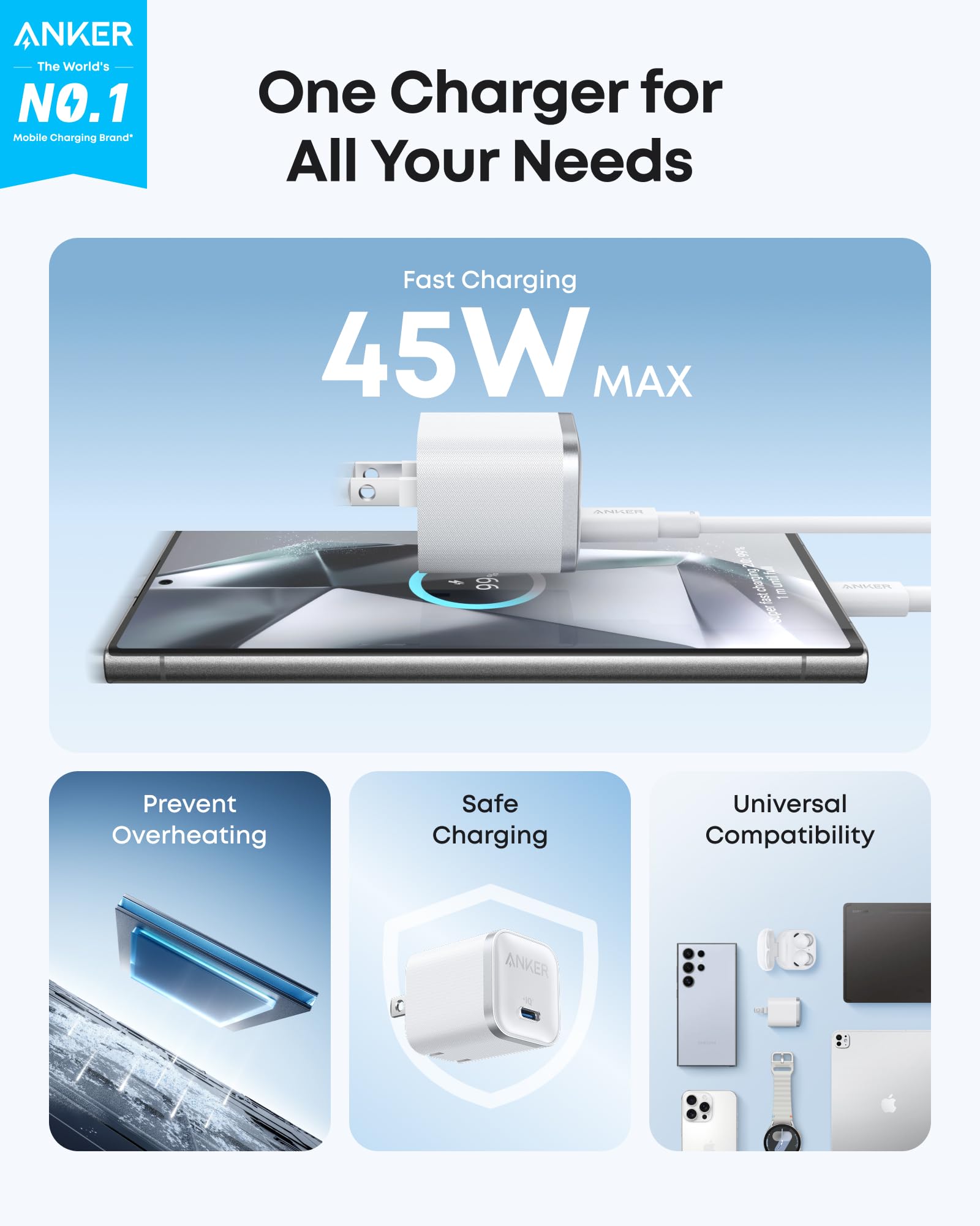 Anker Nano Charger 45W With USB C To USB C Cable - GaN Fast Charging For On The Go Travel by Anker