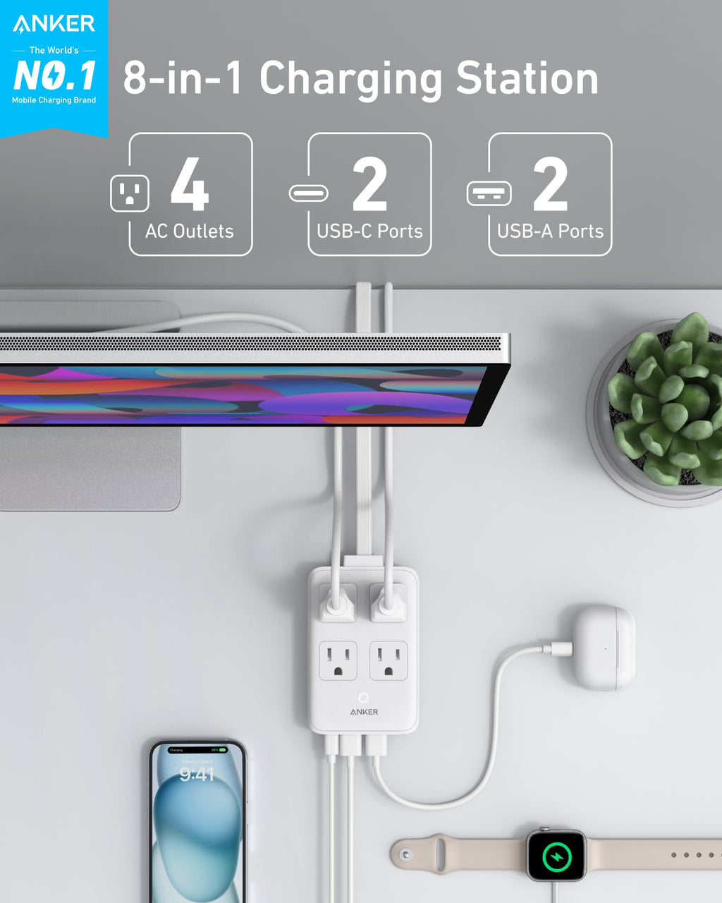 Anker Charging Station 8-in-1 20W - Compact Desk Power Hub With USB-C USB-A And AC Outlets by Anker