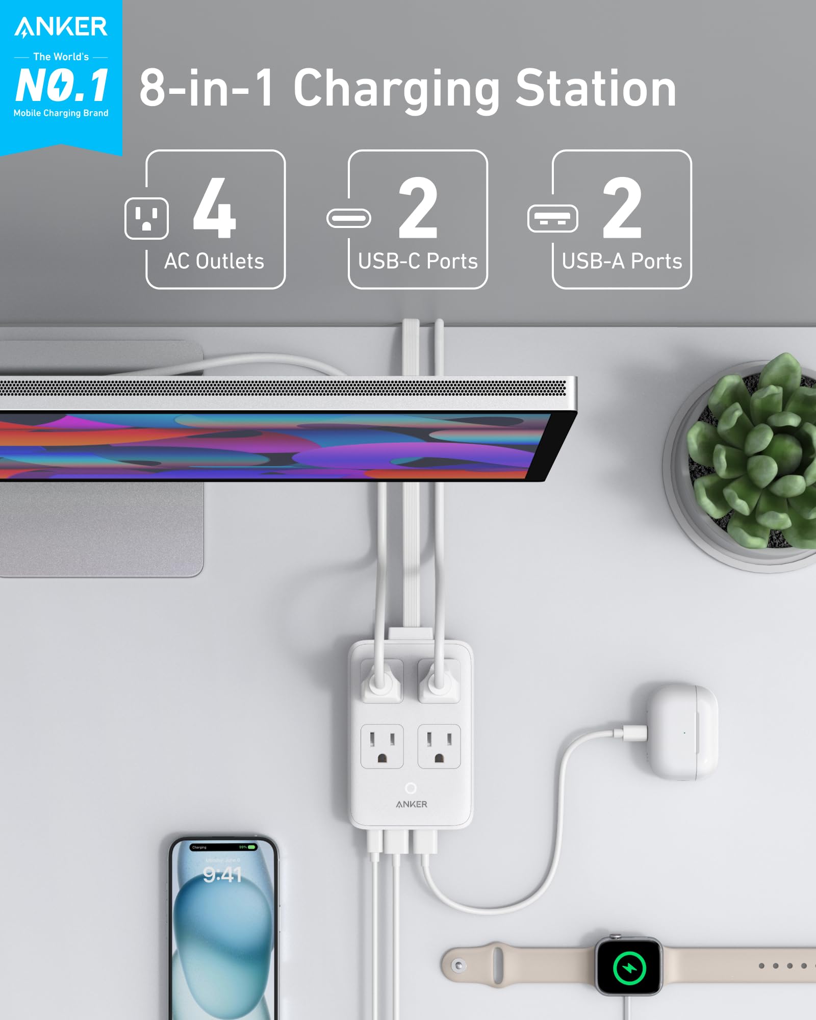Anker Charging Station 8-in-1 20W - Compact Desk Power Hub With USB-C USB-A And AC Outlets by Anker