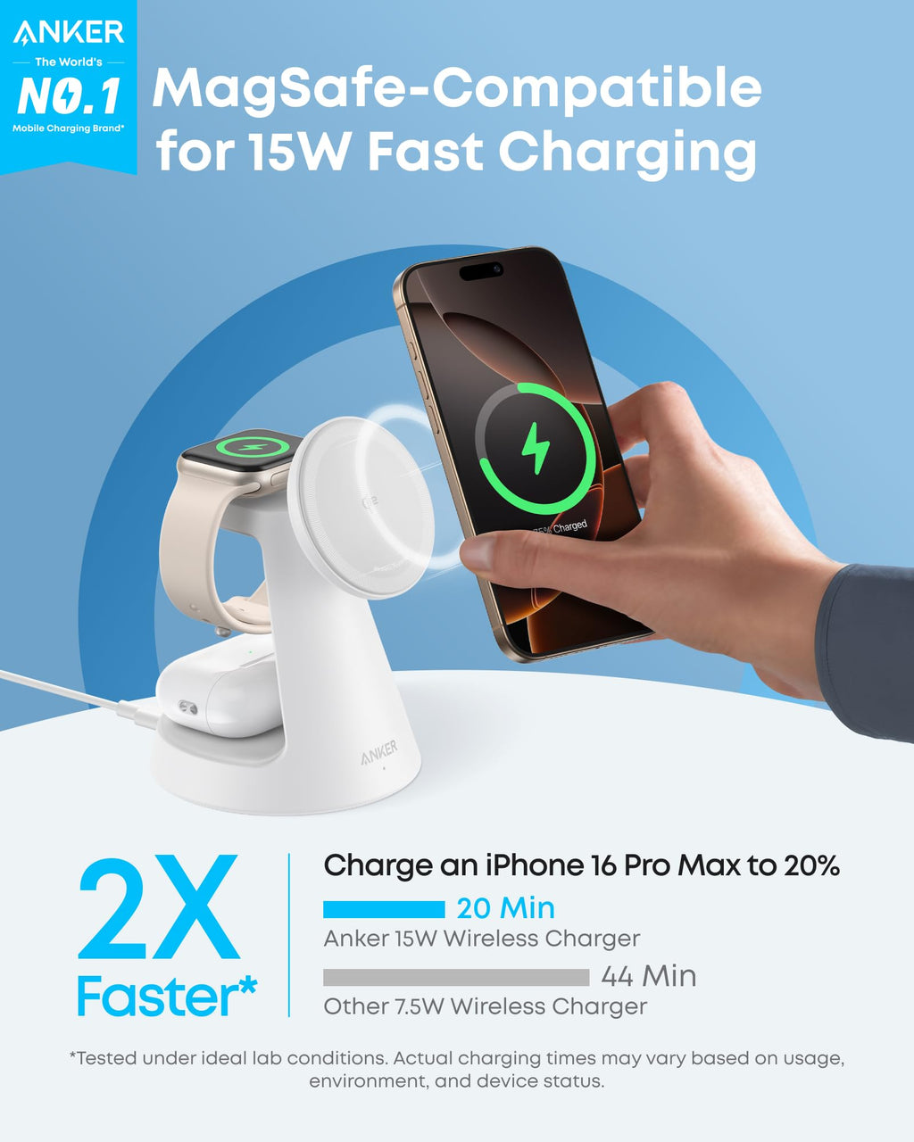 Anker MagGo Wireless Charging Station 3-In-1 Dock Stand - MagSafe 15W Fast Charger for Phone Watch by Anker