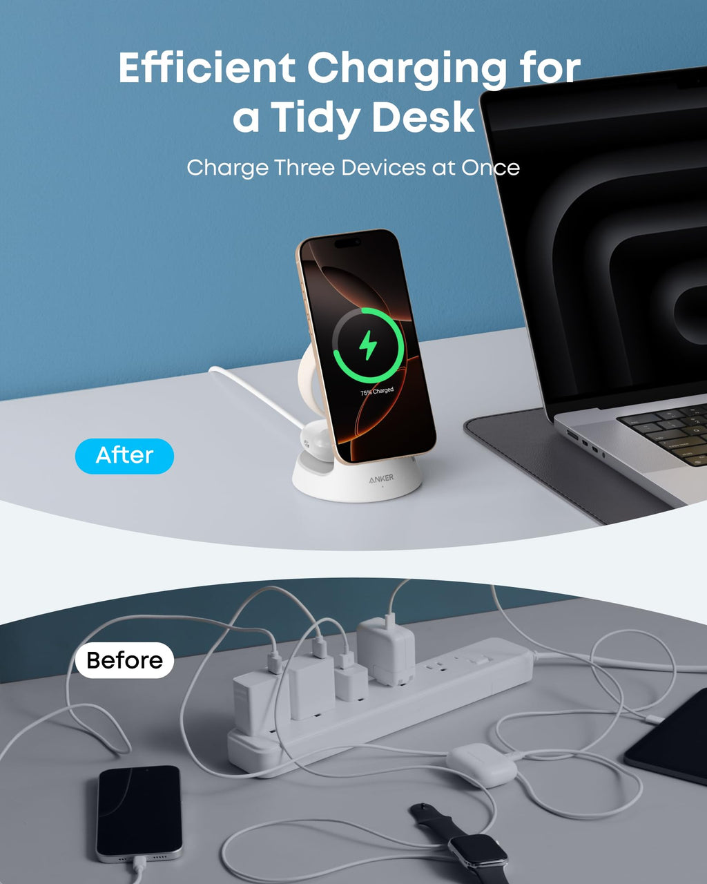 Anker MagGo Wireless Charging Station 3-In-1 Dock Stand - MagSafe 15W Fast Charger for Phone Watch by Anker