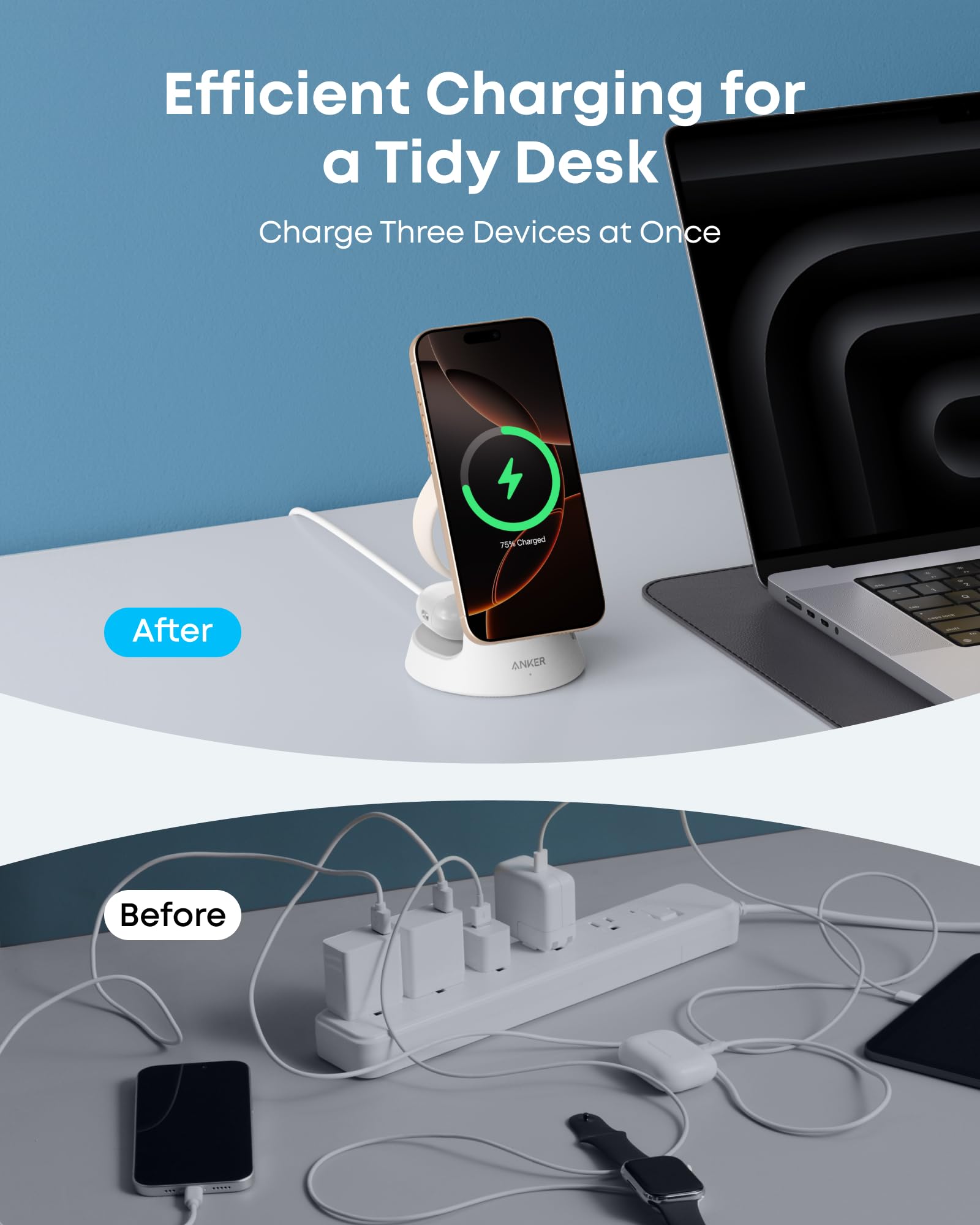 Anker MagGo Wireless Charging Station 3-In-1 Dock Stand - MagSafe 15W Fast Charger for Phone Watch by Anker