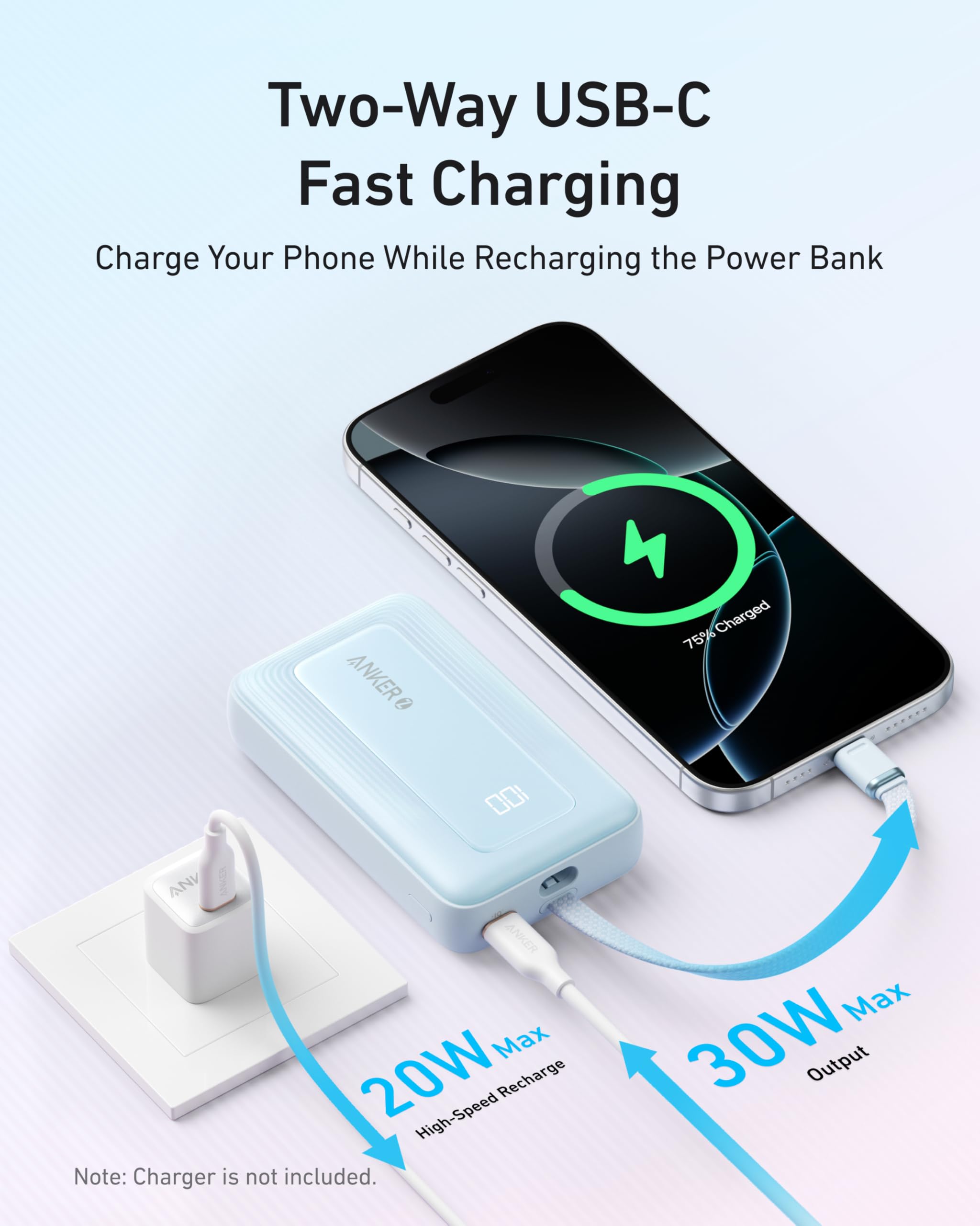 Anker Zolo Power Bank (10K, 30W) with a 5.4-inch (13.7 cm) built-in USB-C cable. by Anker