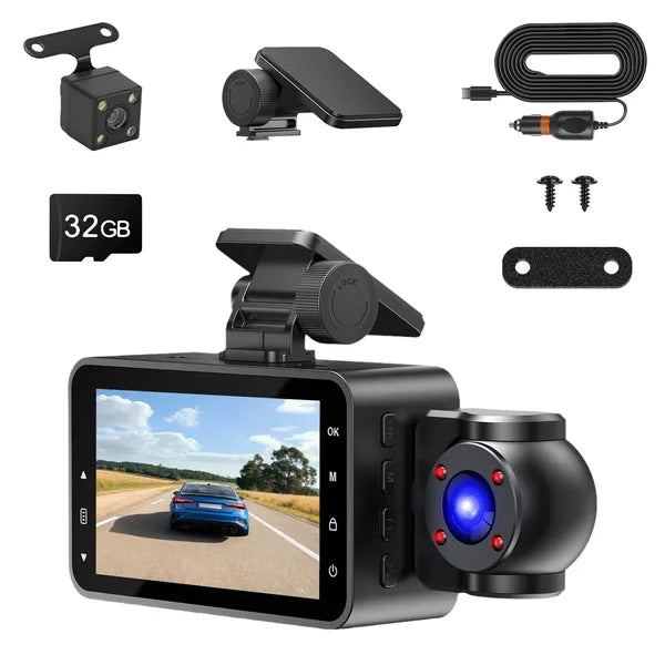 WiFi FHD 1080P 3 Channel Car Dash Cam Front Rear Inside With 32G MMC Card Motion Detection Loop Recording Infrared Night Vision Surveillance Car Camera With App Control by Tech-Home Store