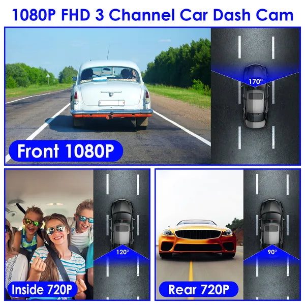 WiFi FHD 1080P Car Dash Cam 3 Channels Front Rear Inside Dash Camera With Loop Recording Reversing Visual 170° Wide Angle 64G Card Included by Tech-Home Store