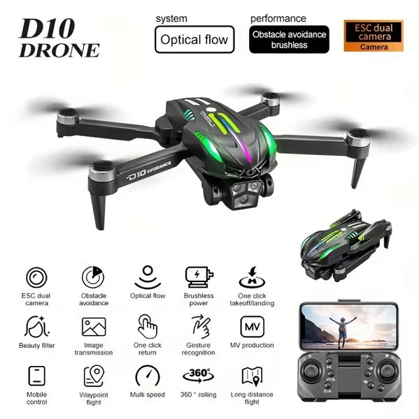 D10 Remote Control Obstacle Avoidance Drone, Gradient Flow Technology, Integrated Four-Directional Obstacle Avoidance System, Brushless Motor And Optical Flow Electronic Speed Controller by Tech-Home Store